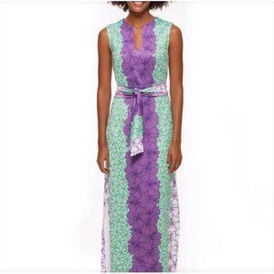 Rulon Reed Morgan Maxi Dress XS Green Purple Hibiscus Belt Sheath Resort